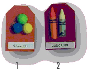 Cards from Home of the Innocents: 1) ball pit--Three miniature colored balls; 2) coloring--Top portion of two crayons