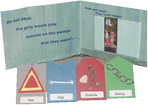 Adapted story book (Example: On hot days, the girls would play outside on the swings. And they would laugh and laugh. They were happy!  Tactile cards shown next to story book include hot, day, outside, and swing.)