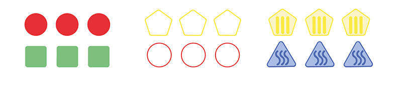 Pictured are three sets of sensory tiles. The first set consists of three solid red circle tiles and three solid green circle tiles, the second set consists of three yellow outlined pentagons and three red outlined circles, and the third set consists of three yellow pentagons with a tactile pattern and three blue triangles with a tactile pattern.