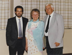 Dr. William Wiener, Ruth Kaarlela, and Donald Blasch at Ruth Kaarlela's retirement party as chair of the WMU department (1986)