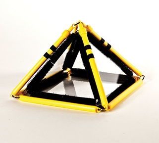 Photo shows a square pyramid constructed from Geometro tiles with the corresponding rod model placed over it, in 3-D, in Position 1, counter-clockwise rotation.