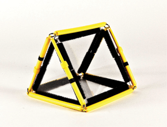 Photo shows a triangular prism constructed from Geometro tiles with the corresponding rod model placed over it, in Position 3, view from the right.