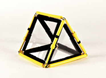 Photo shows a triangular prism constructed from Geometro tiles with the corresponding rod model placed over it, in Position 3, view from the left.