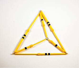 Photo shows the rod model of the triangular pyramid in 2-D, Position 1, viewed from the left.