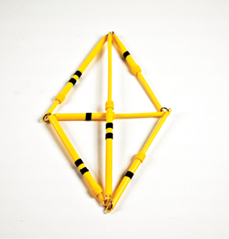 Photo shows the rod model of the triangular pyramid in 2-D, Position 2, viewed straight on.