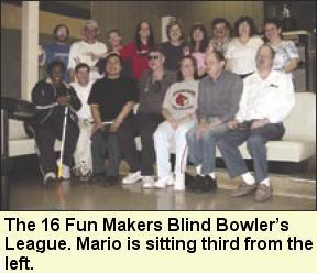 The 16 Fun Makers Blind Bowler's League. Mario is sitting third from the left. Photo submitted by Tristan Pierce.