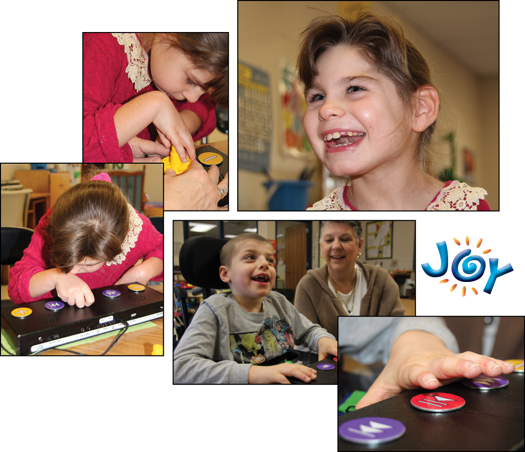 This series of photos shows a girl and a boy—with their teacher—using The Joy Player prototype. The children smile joyously.