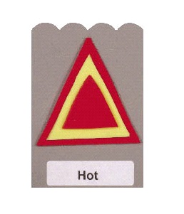 red triangle, with a ¼-inch smaller yellow triangle inside then ¼-inch smaller red triangle inside the yellow triangle, adhered to the card