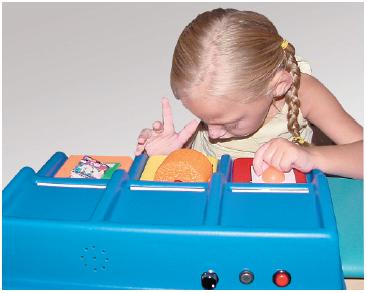 Platform Communicator in combination with tactile cards (i.e., reading, swimming, and playing ball)