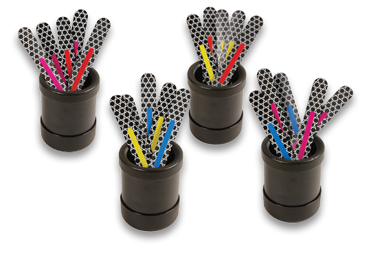 Four sets of Phase II Advanced MATCH STICKS, each in a cylindrical cup, showing the stripe color pairings: five red-pink, five blue-yellow, five yellow-red, and five pink-blue.