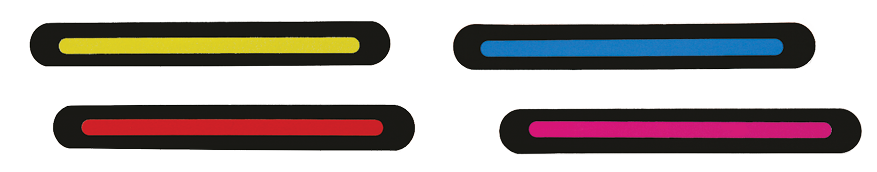 Four Phase II MATCH STICKS, each with a black background and a yellow, red, blue, or pink long stripe.
