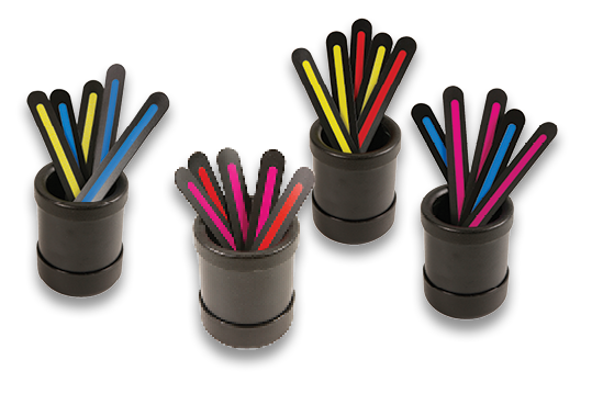 Four sets of Phase II MATCH STICKS, each in a cylindrical cup, showing the stripe color pairings: five red-pink, five blue-yellow, five yellow-red, and five pink-blue.