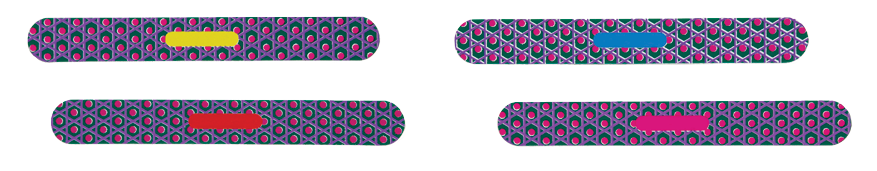 Four Phase III MATCH STICKS, each with a complex green, purple, and pink grid and dot background and a yellow, red, blue, or pink short stripe.
