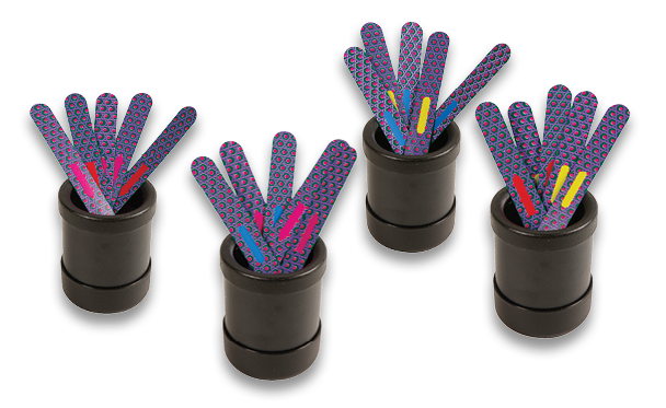 Four sets of Phase III MATCH STICKS, each in a cylindrical cup, showing the stripe color pairings: five red-pink, five blue-yellow, five yellow-red, and five pink-blue.
