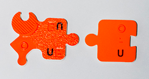 Photograph of an orange nucleotide subunit (U) from the DNA-RNA Kit on the left and an orange nucleotide subunit (U) from the PSK on the right