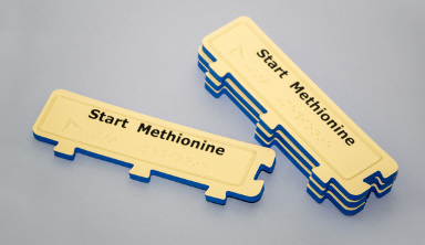 Photograph of an array of four blue and tan colored Start Methionine subunits