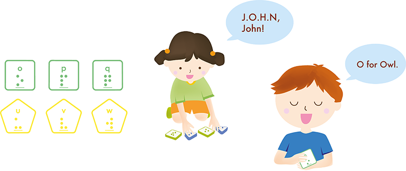 Pictured are three green sensory tiles, three yellow sensory tiles, and two students playing with sensory tiles. One student has a speech bubble beside her that says, J.O.H.N, John! The other has a speech bubble beside him that says, O for Owl.