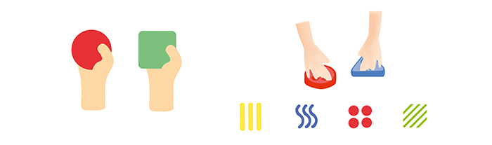 Pictured are two hands, each holding a different sensory tile. To the right are are two hands, each feeling the tactile side of two different sensory tiles. Below that, four tactile patterns (parallel vertical lines, curvy lines, dots, and diagonal lines) from each sensory tile are shown.
