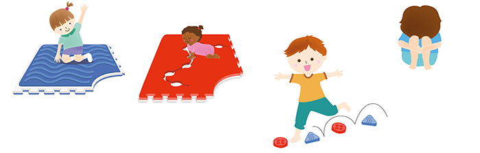 Pictured are four students. One student is on her knees on the patterned side of a sensory play mat and raising one hand, one is crawling on the tile side of a sensory play mat, one is leaping between four sensory tiles, and one is rolled into a ball.