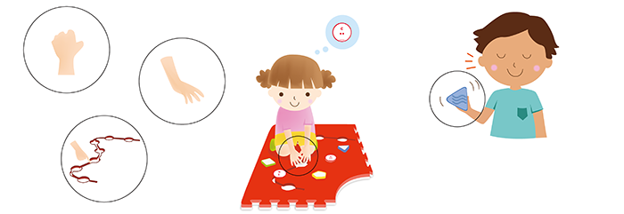 Three hands: The first makes a closed fist, the second uses all finger pads to explore, and the third uses the forefinger to follow the recessed path on the sensory mat. To the right, a girl sits on a red sensory mat and uses both hands to explore the recessed circle on the sensory mat. To her right, a boy shakes a blue tile with his eyes closed.