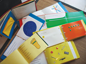 Photo shows tactile books featuring real object illustrations, thermoformed illustrations, and raised line illustrations.
