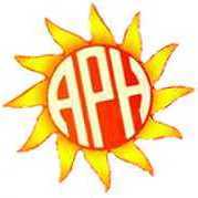 Bright yellow and orange sun with the APH logo