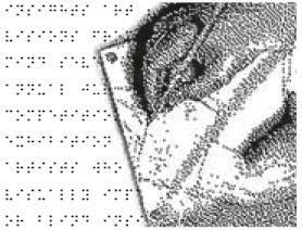 Representation of a detail from M.C. Escher's 'Drawing Hands' (1948) created with simulated braille dots.
