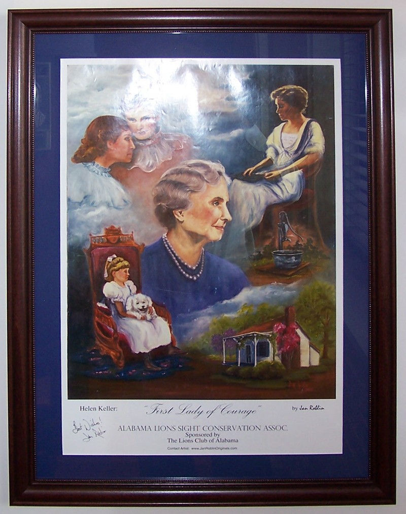 <em>First Lady of Courage</em> by Jan Roblin”></a><br />
<em>First Lady of Courage</em> by Jan Roblin<br />
This is a signed print of the original oil painting from Helen Keller’s family home.<br />
Donor: Ivy Green,<br />
Birthplace of Helen Keller<br />
Tuscumbia, Alabama</p>
<p><a href=