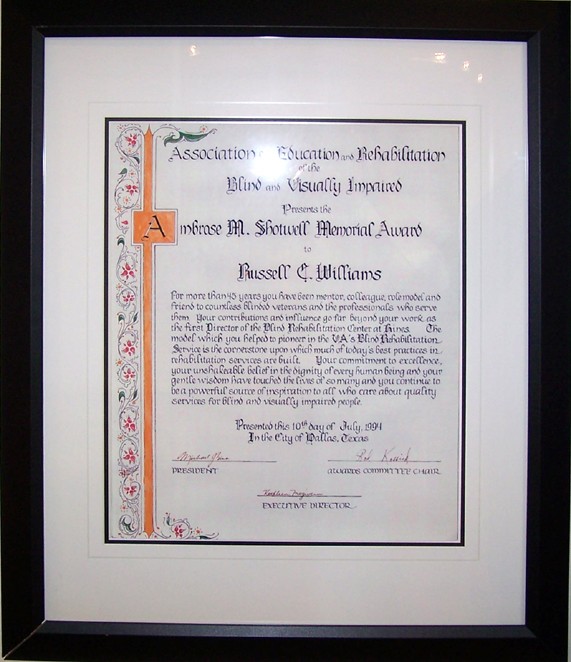 The AERBVI Ambrose M. Shotwell Memorial Award presented to Russell Williams in 1994