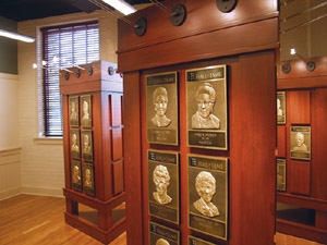 Kiosks at the Hall of Fame display bas-relief plaques of Hall of Fame members.