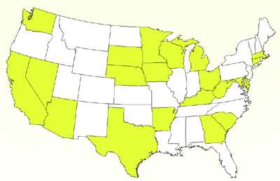 Map of the Continental U.S. with the states listed above highlighted.