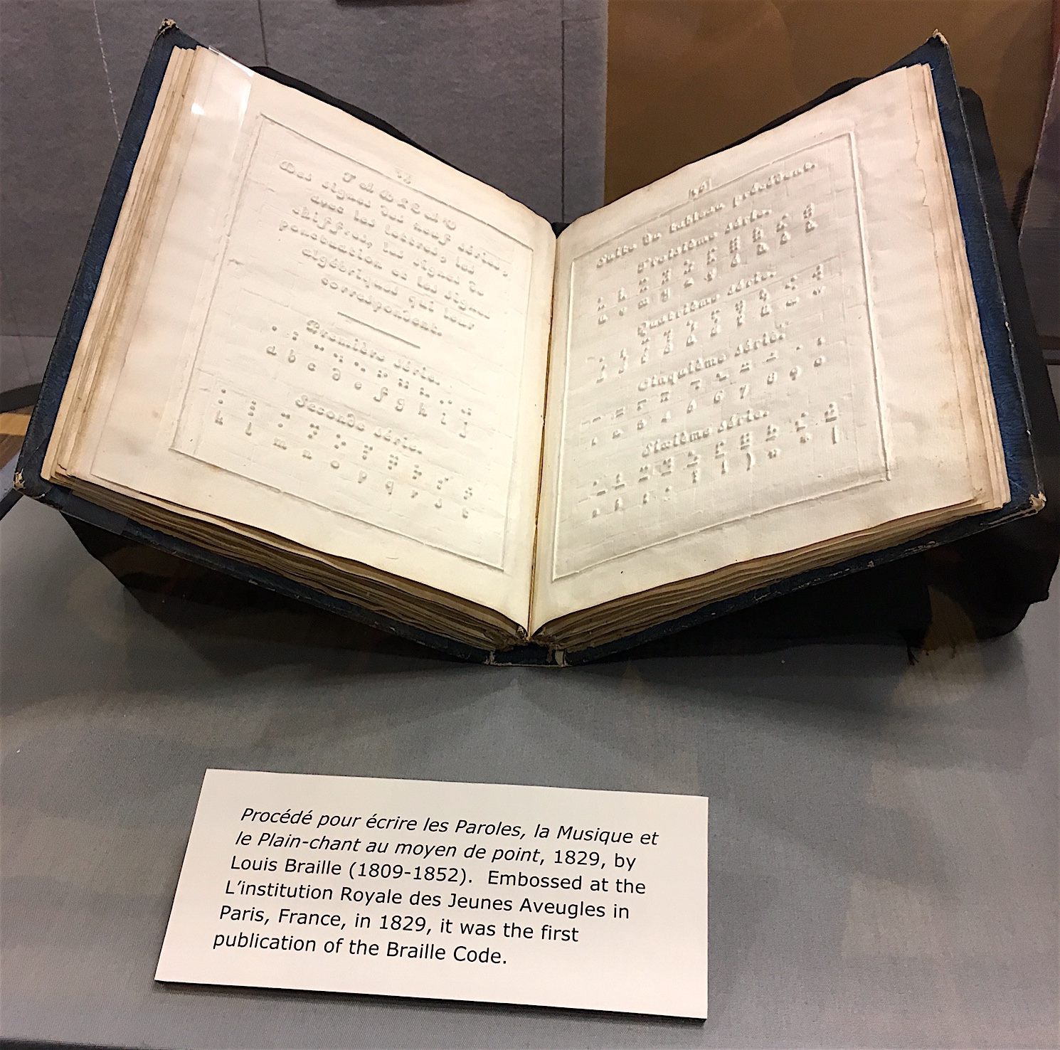 'Procede pour ecrire les Paroles, la Musique et le Plain-chant au moyen de point', 1829, by Louis Braille (1809-1852). Embossed at the L'Institution Royale des Jeunes Aveugles in Paris, France, in 1829, it was the first publication of the Braille Code