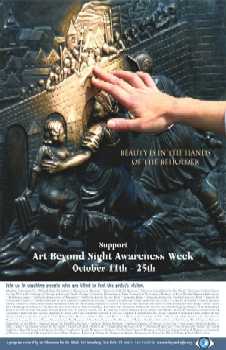 Poster shows a hand exploring a bronze bas-relief.  The text on the poster reads 'Beauty is in the Hands of the Beholder' and 'Support Art Beyond Sight Awareness Week October 11th - 25th'