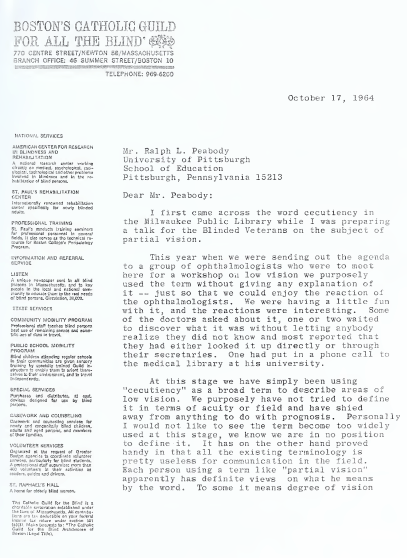 Photo of the first page of Fr Carroll's letter, on Boston's Catholic Guild for the Blind letterhead