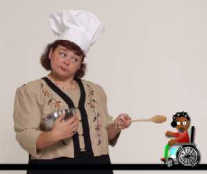 Screen shot from ISAVE 101 video shows Tina, wearing chef's hat and warning Dr Peshwari (animated character) with a wooden spoon