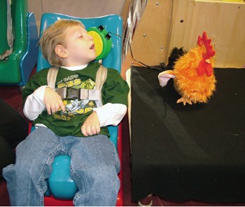 A small boy in a chair using a Select Switch to operate a toy rooster