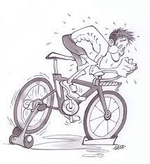 Cartoon of man riding bicycle on a trainer